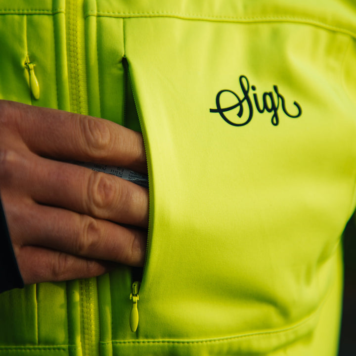 Gotlandsleden Tour Men's Hi - viz Yellow Merino Softshell Cycling Jacket by Sigr Cycling Clothing