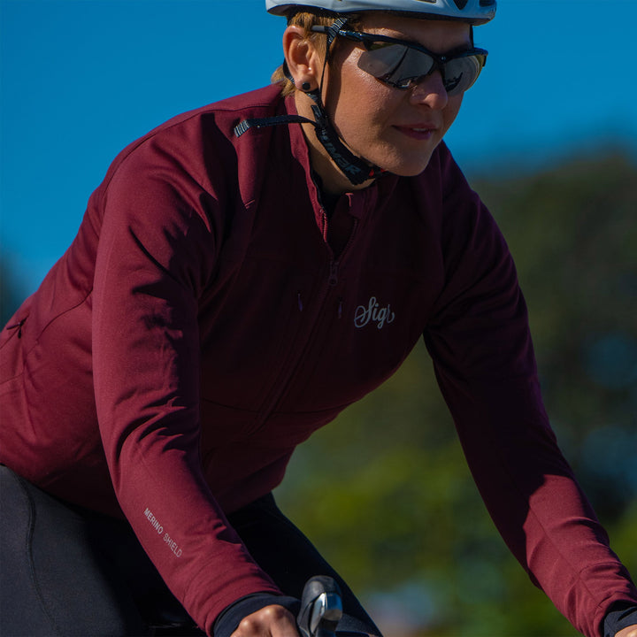 Gotlandsleden Tour Women's Deep Red Merino Softshell Jacket by Sigr Cycling Clothing